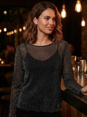 Victoria's Secret Black Metallic Shimmer Long-Sleeve Top